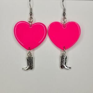 Handmade Cowgirl Hot Pink Heart Earrings